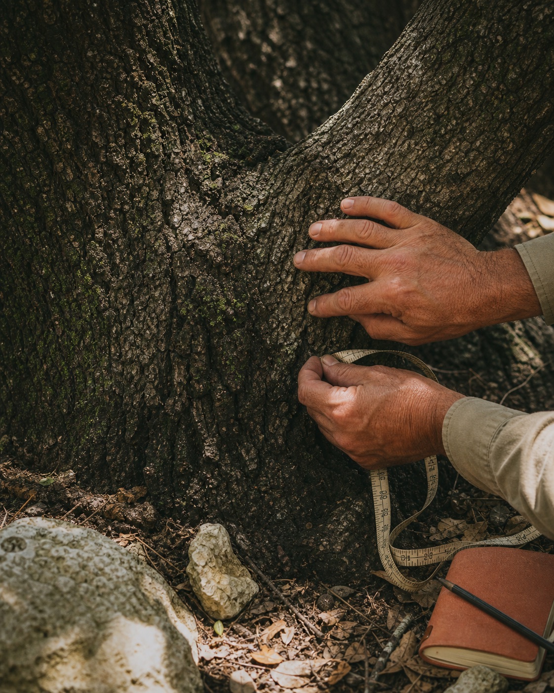 Hands carefully assessing the trunk of a mature live oak